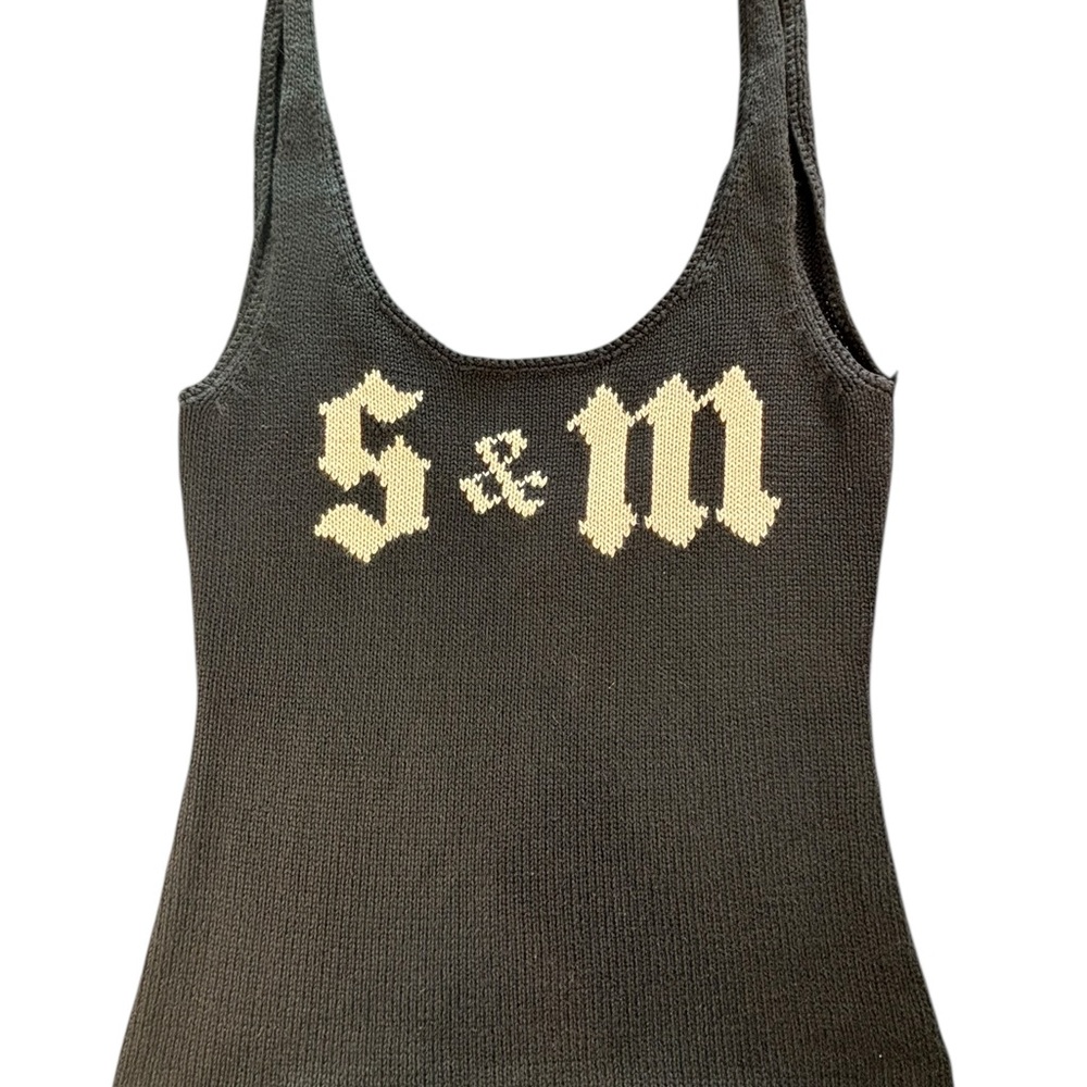 Betsey Johnson Black Knit Tank with Cream Gothic S&M Logo, Low Back